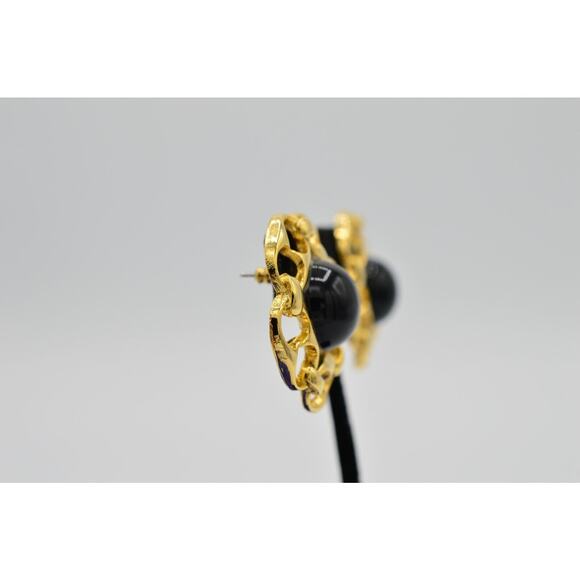 Vintage Cabochon Earrings Chain Link Round Gold Black Beaded Chunky NOS 1980s 9H - Picture 9 of 9